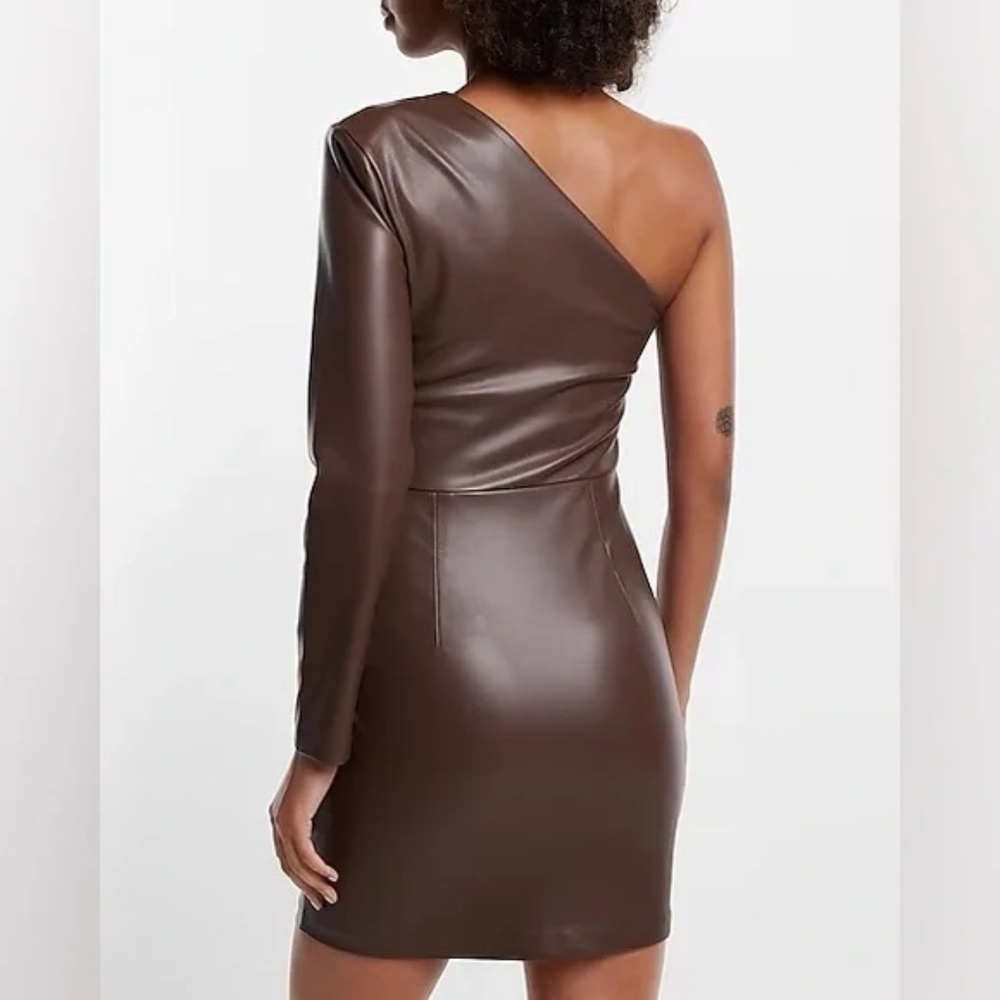 Express Brown One Shoulder Faux Leather Mini Dress - Picture 3 of 11